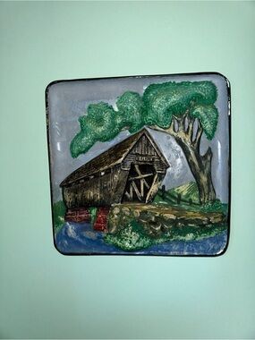 Scenic Green Hand-Painted Clay Wall Plaque - Covered Bridge